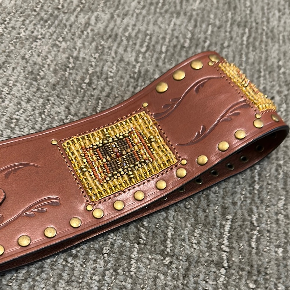Peyote Bird Double Buckle, Leather Tooled, Beaded Belt -Small - Picture 5 of 5